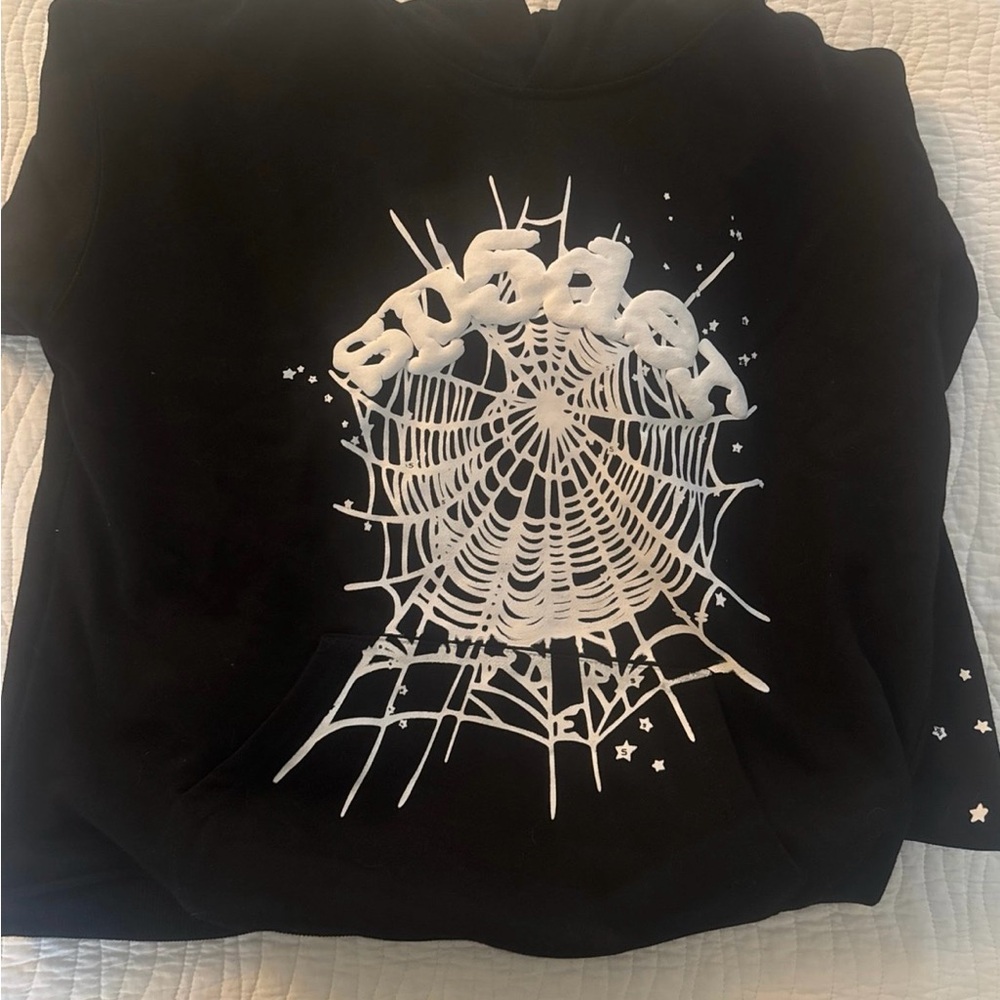 Black Hoodie with White Spider Web Design Sp5der hoodie